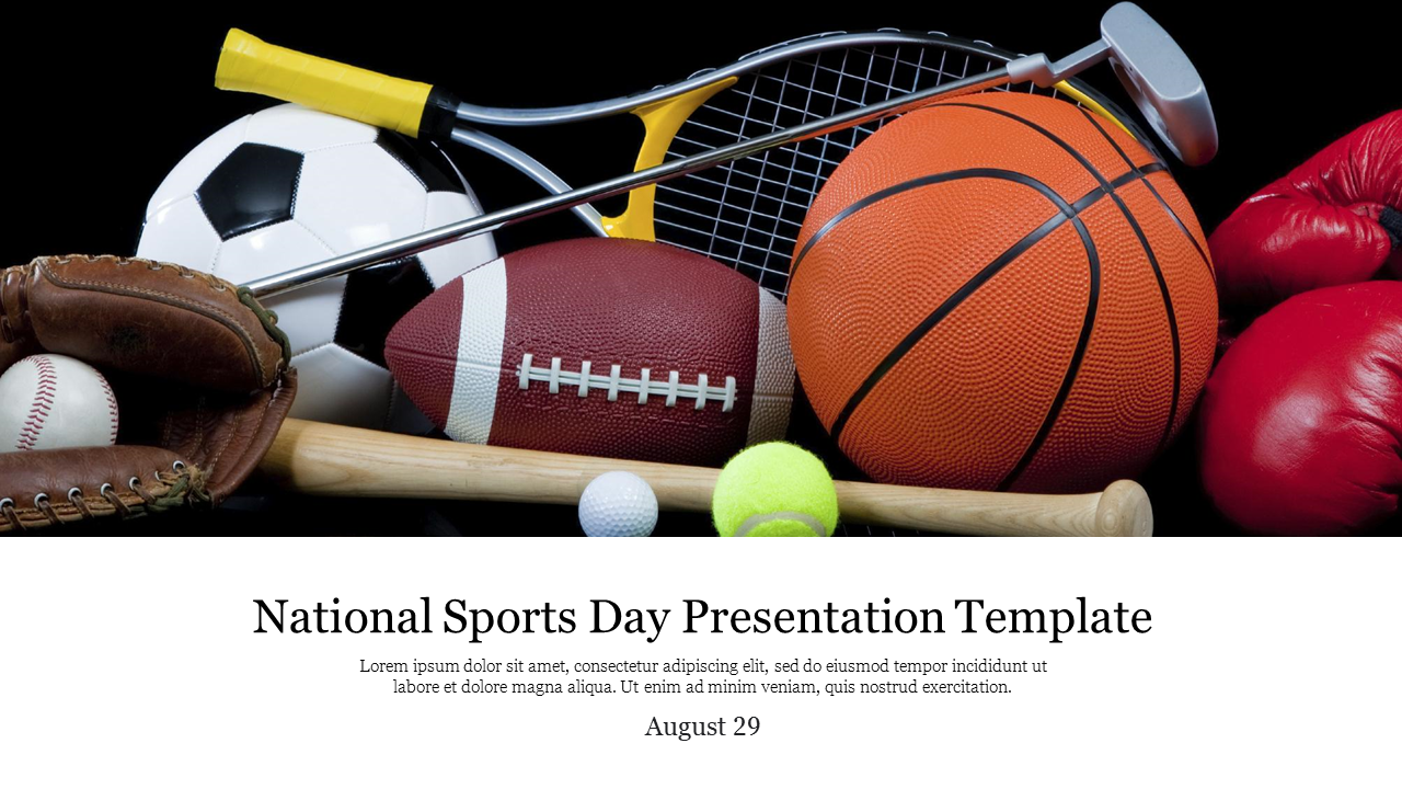 A dynamic national sports day slide featuring various sports equipment like a football, basketball, and tennis racket.