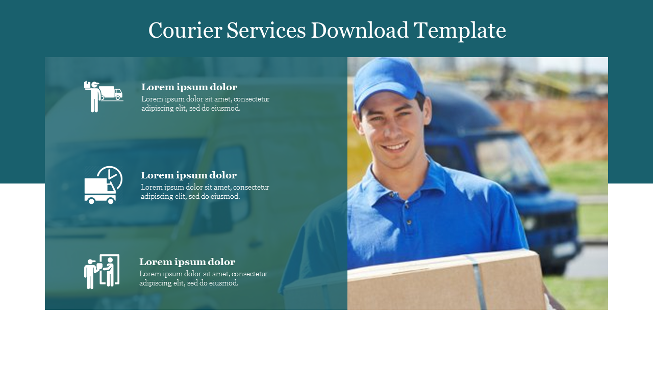 A courier services slide displaying a smiling courier man in a blue uniform alongside images of delivery vehicles with text.