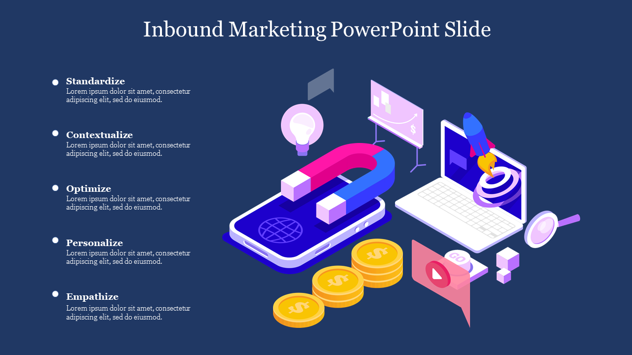 Isometric illustration of inbound marketing concepts with icons and five steps listed vertically, on a dark blue background.