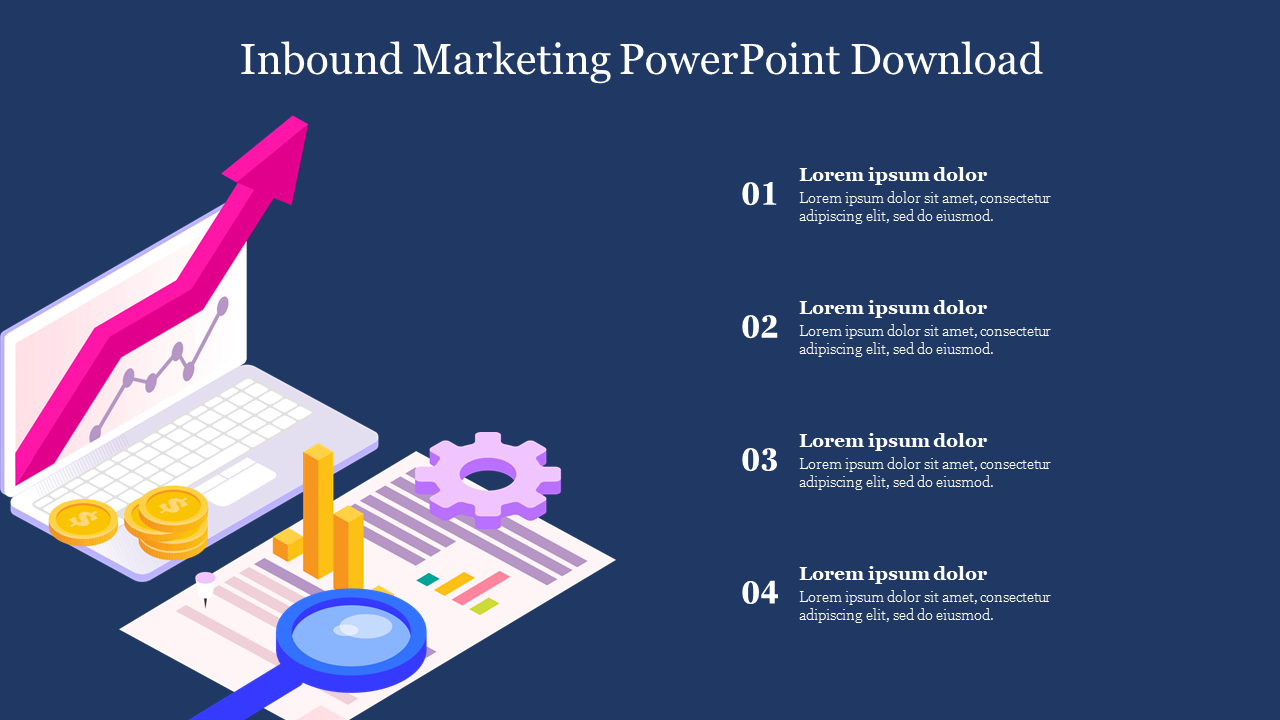 Inbound marketing illustration with analytics visuals like a laptop and graphs, plus four numbered caption areas.