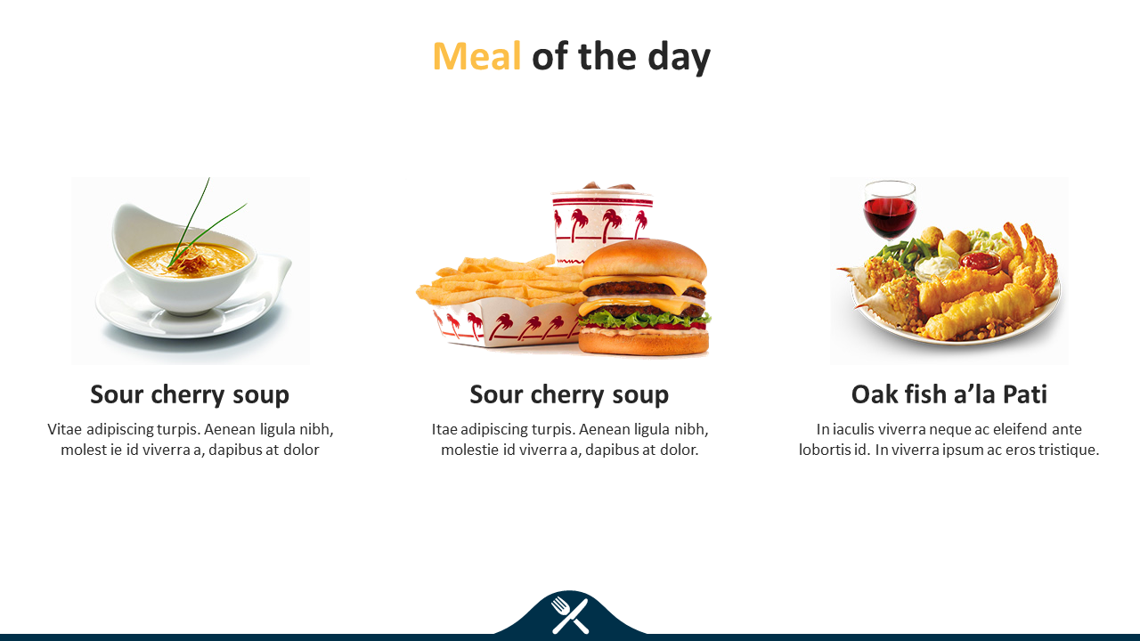 Three meal options displayed: soup in a bowl, a burger with fries, and a fish dish with wine.