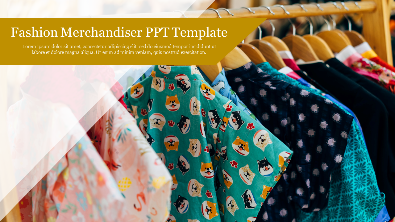 Colorful patterned shirts on wooden hangers with a gold banner overlay for text, creating a fashion presentation layout.