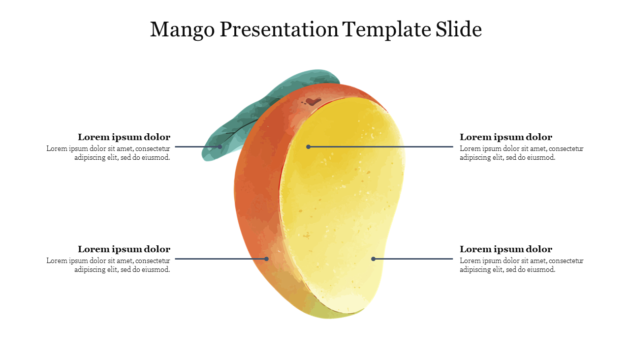 Illustration of a sliced mango with labeled text boxes pointing to different parts of the fruit.