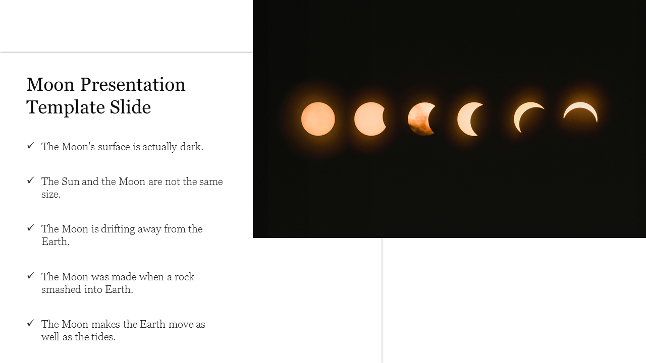 Moon slide with a sequence of lunar phases on the right and text facts about the Moon on the left.