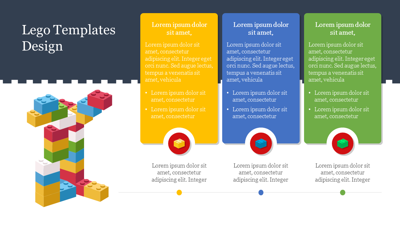 Lego block on the left, three colored boxes on the right with text and Lego icons below each.