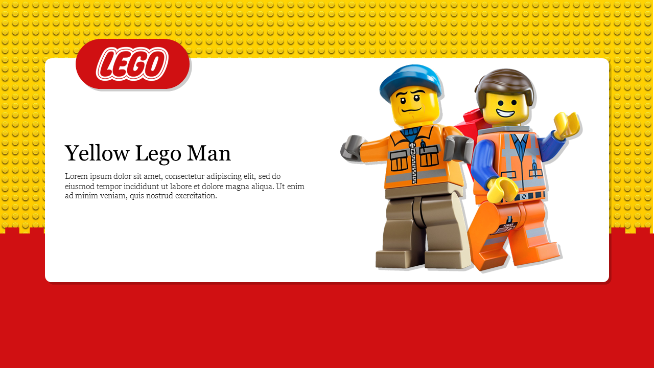 Lego characters wearing orange safety vests and helmets, with a yellow lego brick background and placeholder text.