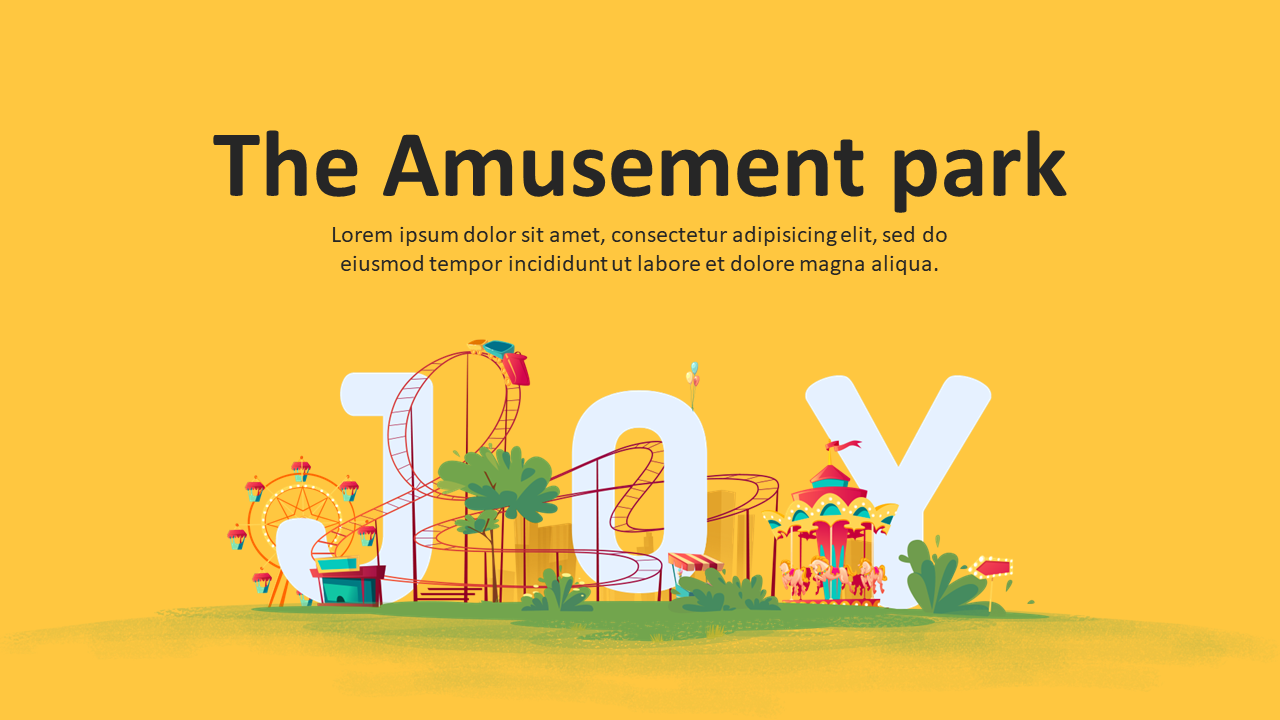 Colorful amusement park illustration with roller coasters and trees, around large white letters on a yellow backdrop.