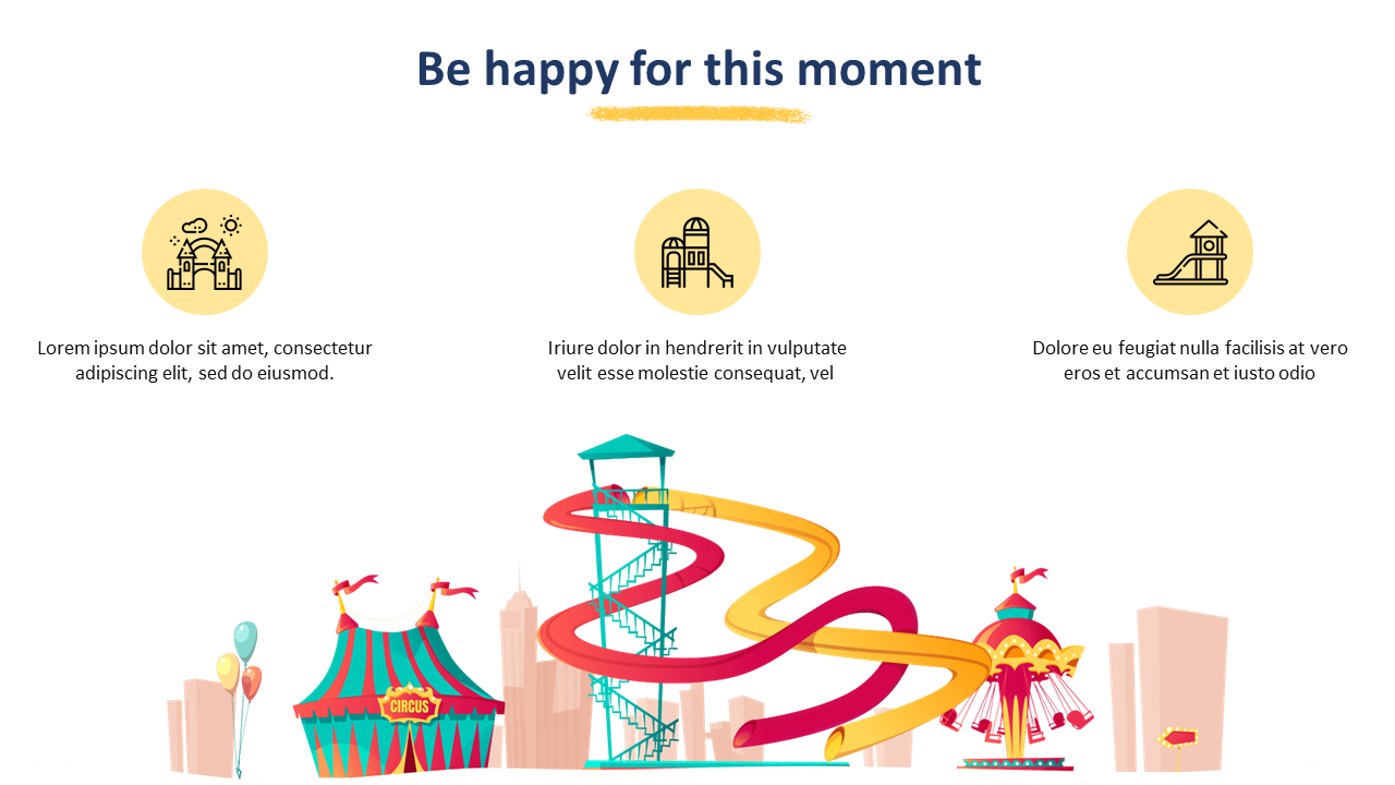 Vibrant amusement park scene with a roller coaster, carousel, and tents with icons and placeholder text.