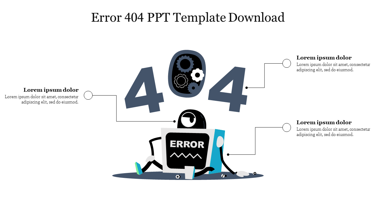 Robot with an error message sitting under the large numbers 404, featuring placeholders for captions around the graphic.