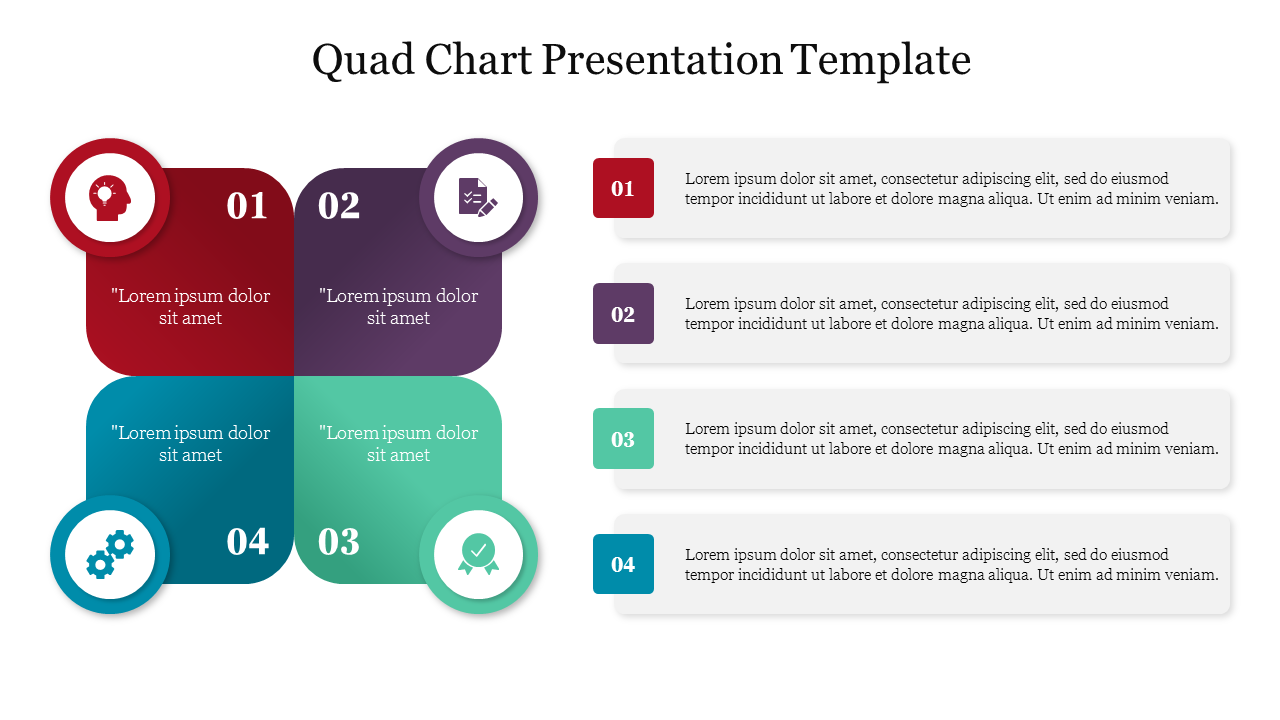 Quad chart template with four colorful sections labeled from one to four, each with an icon, and corresponding text area.