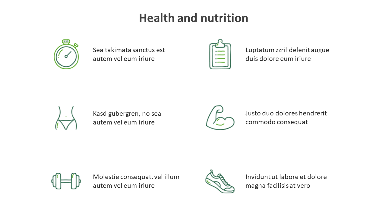 Slide with icons representing aspects of health and fitness, accompanied by placeholder text descriptions.