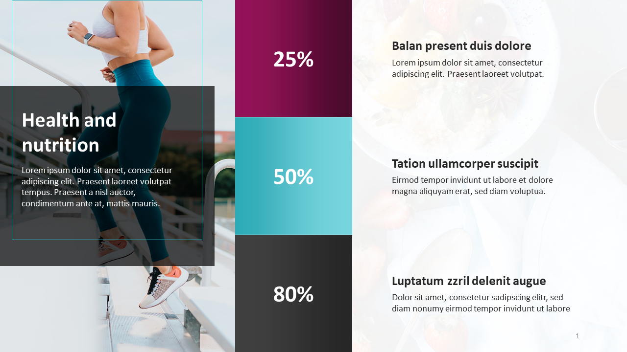 Health and nutrition slide with an image of a woman running, alongside three text sections with percentages.