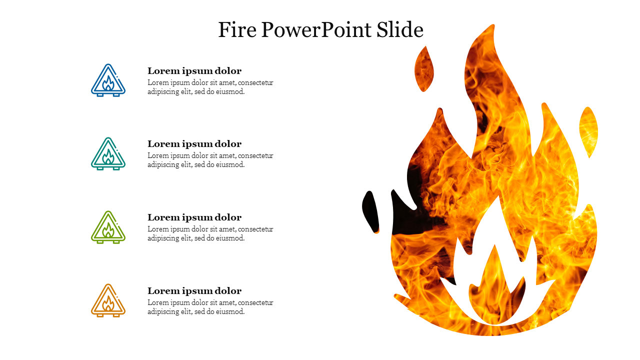 Slide with a fiery flame illustration and colorful fire hazard icons in blue, teal, green, and orange with placeholder text.