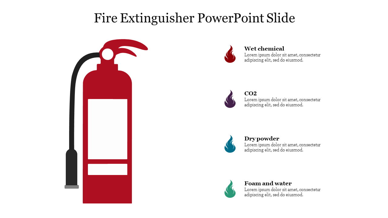 Red fire extinguisher illustration with four colored flame icons and descriptions on the right.