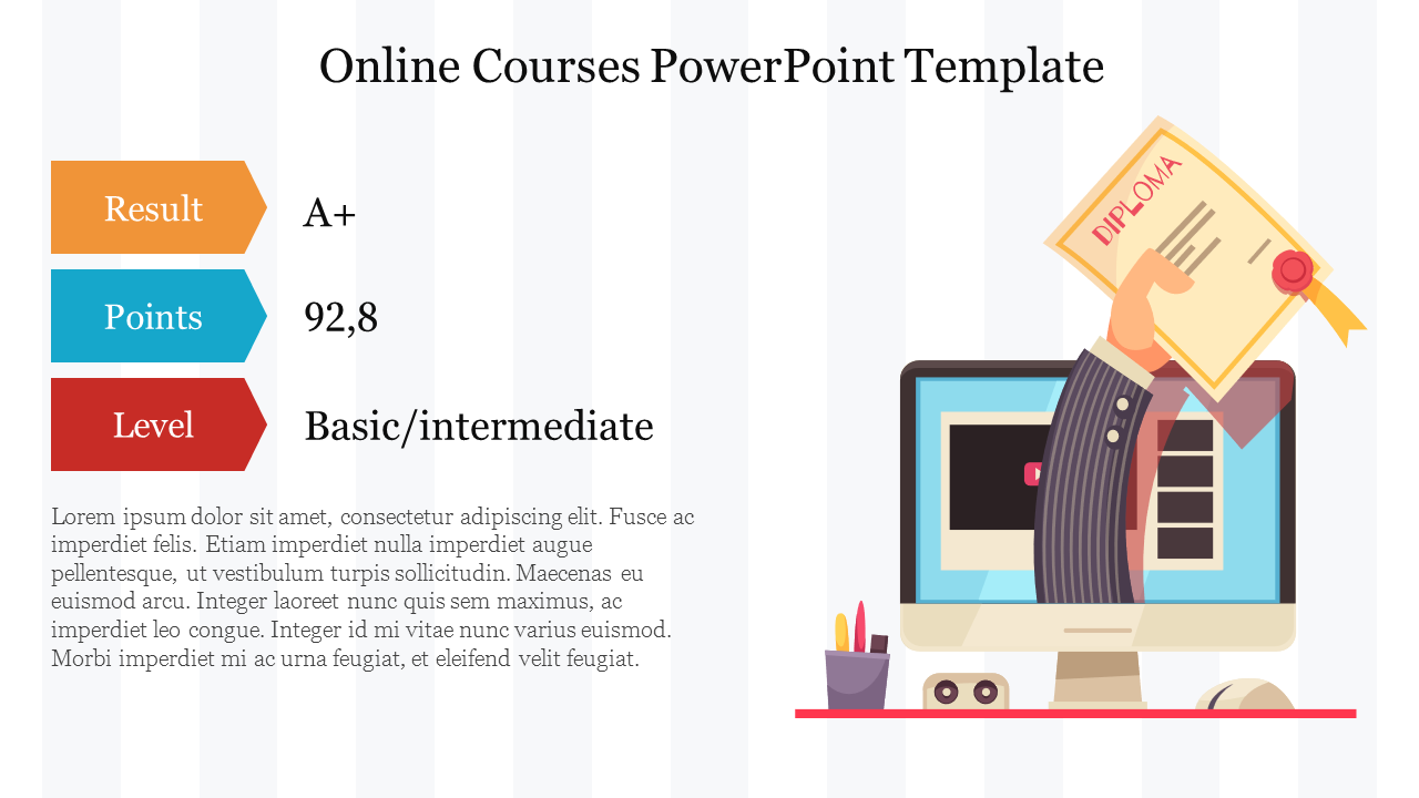 Online courses PPT template showing a diploma being handed out, with result, points, and level sections with text area.