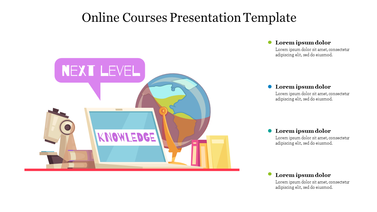 Modern online educational graphics with a laptop, globe, and books, accented by colorful points and text areas.