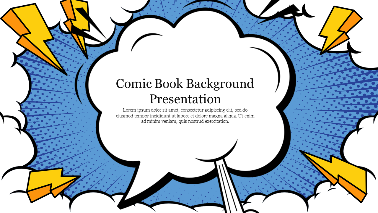 Comic style slide with a central white speech bubble on a blue halftone background surrounded by yellow lightning bolts.