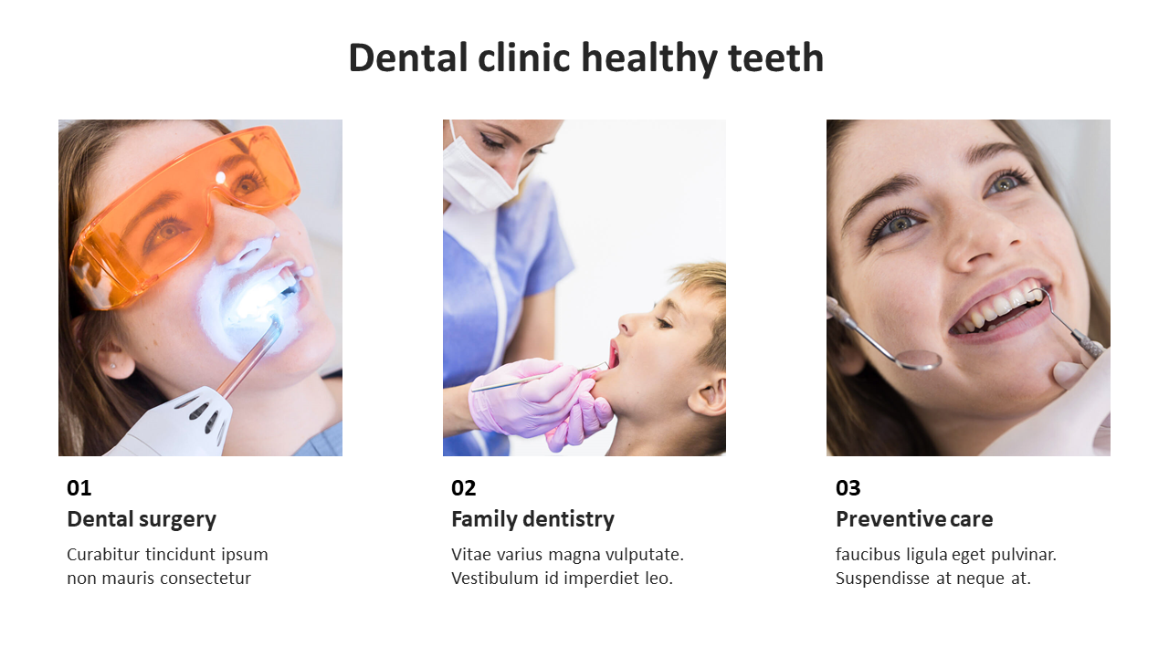 Three panel patient images showcasing dental surgery, family dentistry, and preventive care, each with text below.