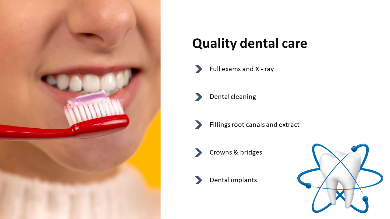 Dental care slide featuring a woman brushing her teeth on the left and a list of dental services on the right.