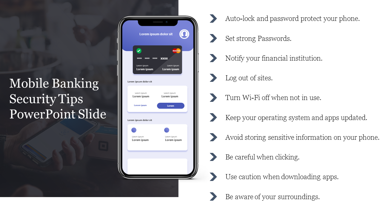 Slide with mobile banking security tips, showing a smartphone with login details and advice on securing banking accounts.