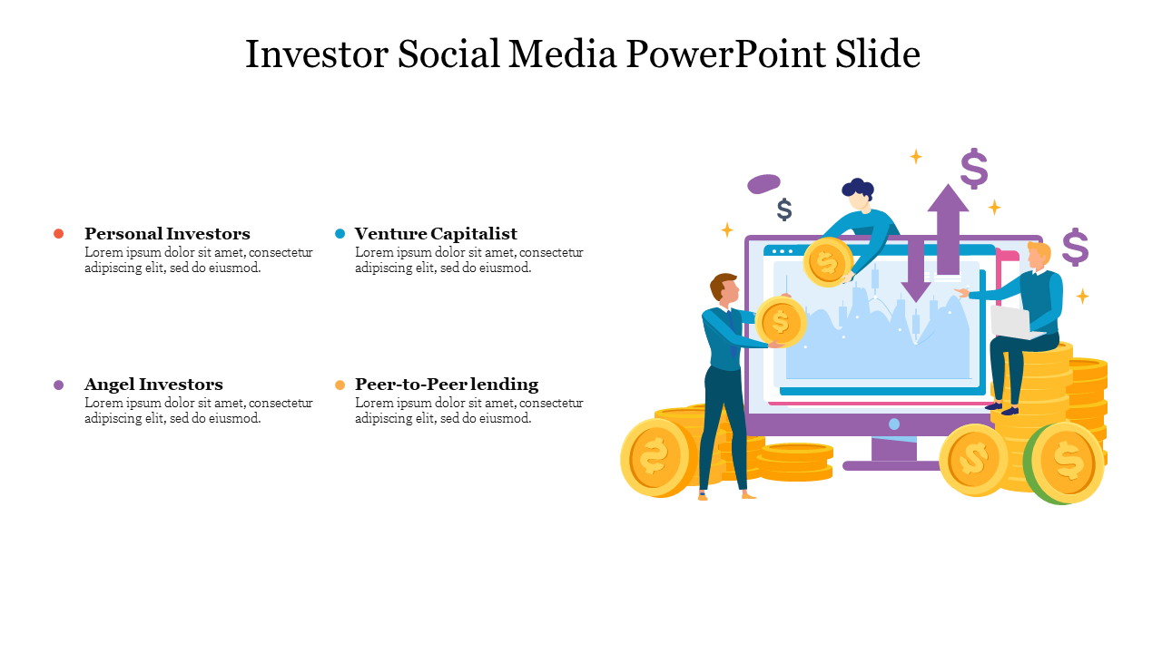 Investor social media slide with four types of investors with each having a icon and caption areas.