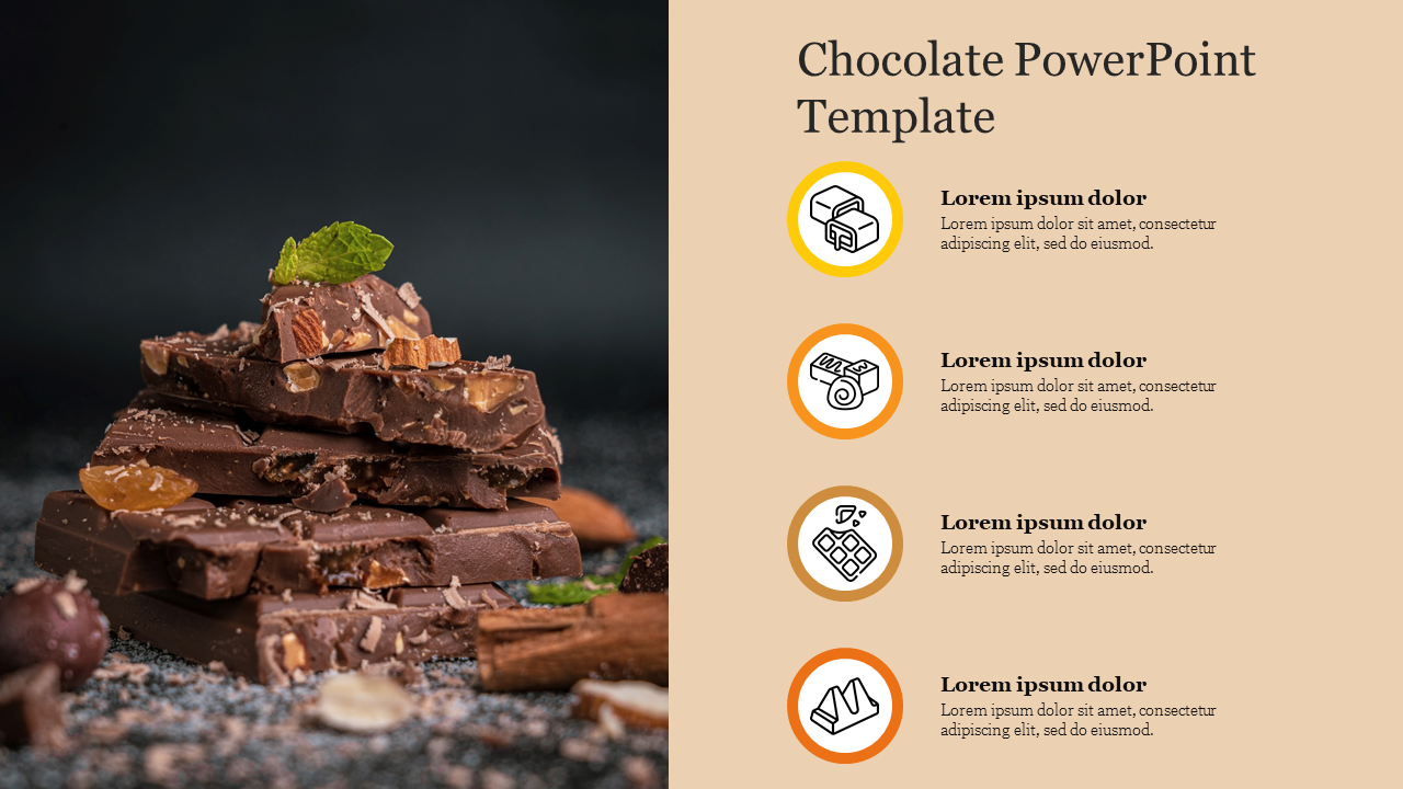 Stacked chocolate pieces on a dark background with four circular icons and text areas on a beige background to the right.