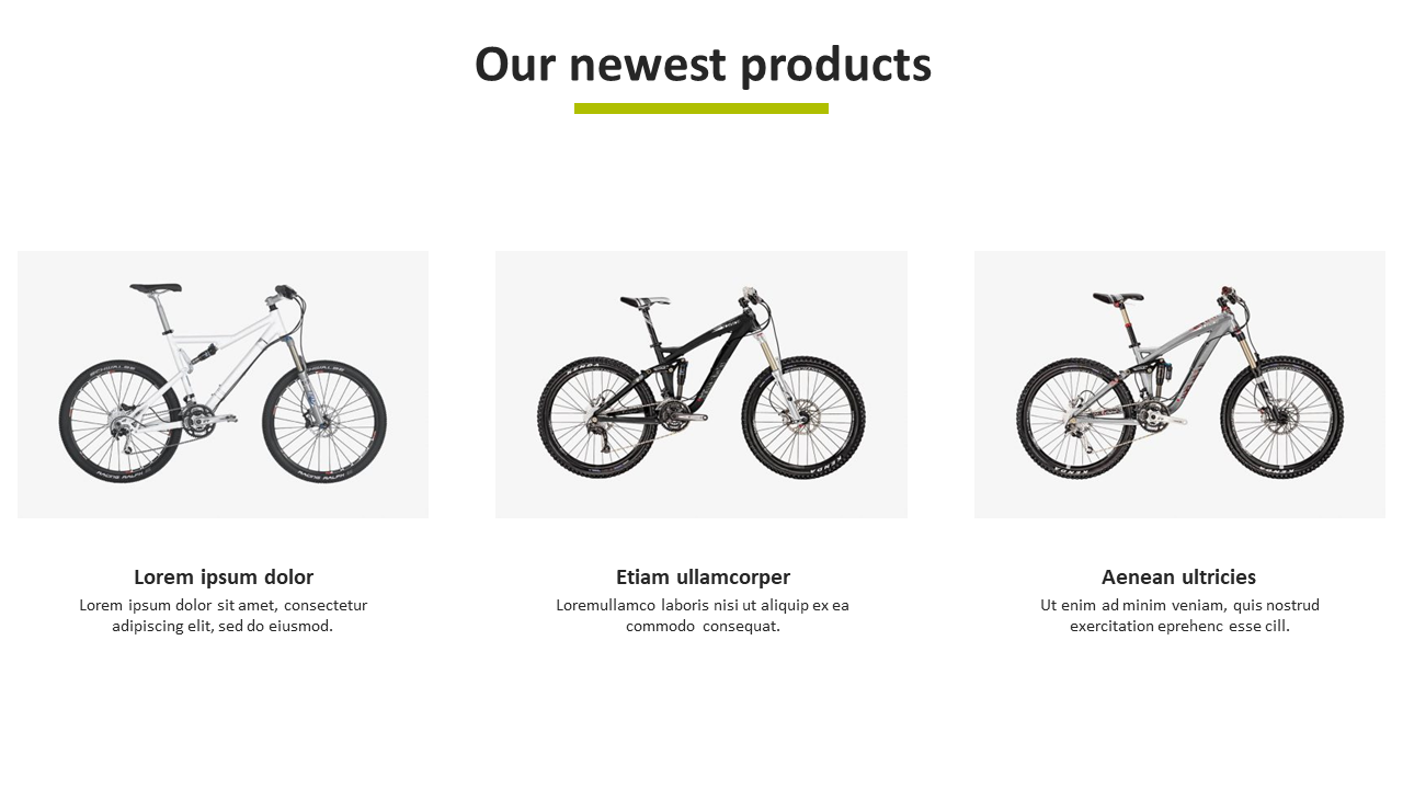 New product slide with three bicycles in a row, each with unique designs and brief description below.