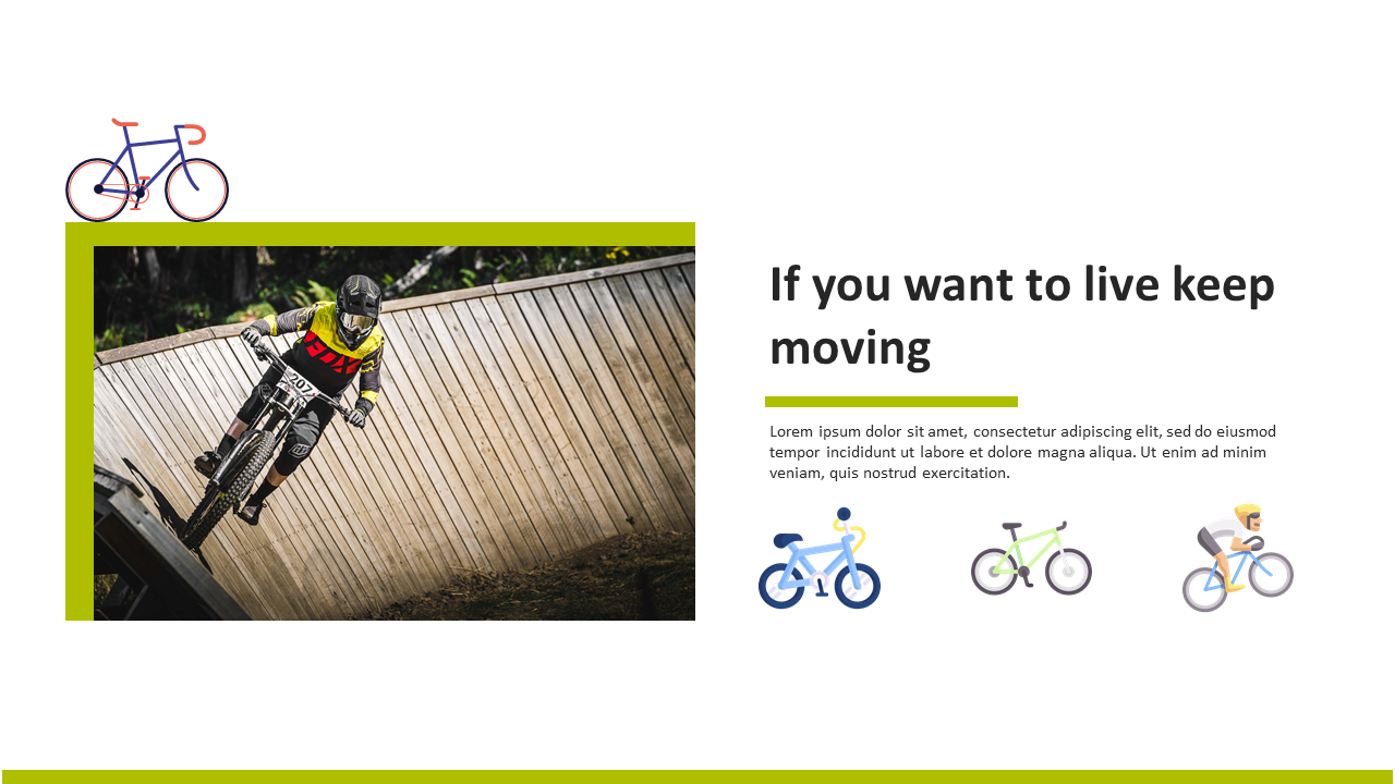 Cyclist on a wooden track with a motivational text block and bike icons on the right side.