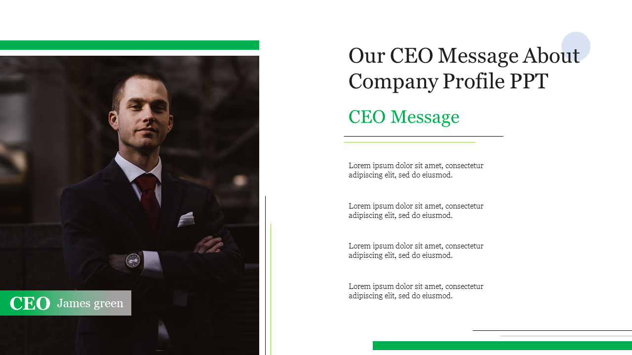 Company profile slide featuring a CEO message with an image of a business executive and placeholder text.