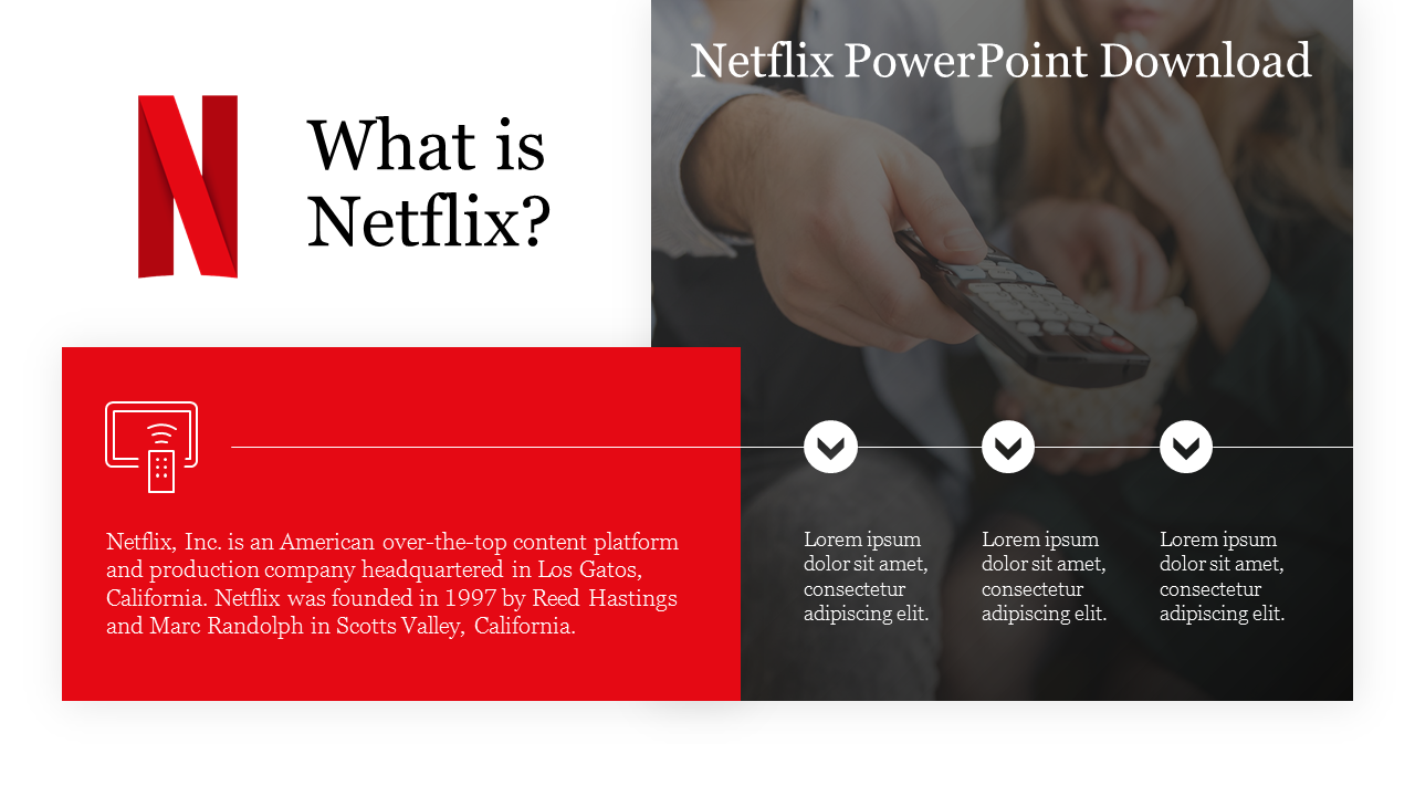 Netflix slide featuring the company’s logo, a description, and a remote control in the background with placeholder text.