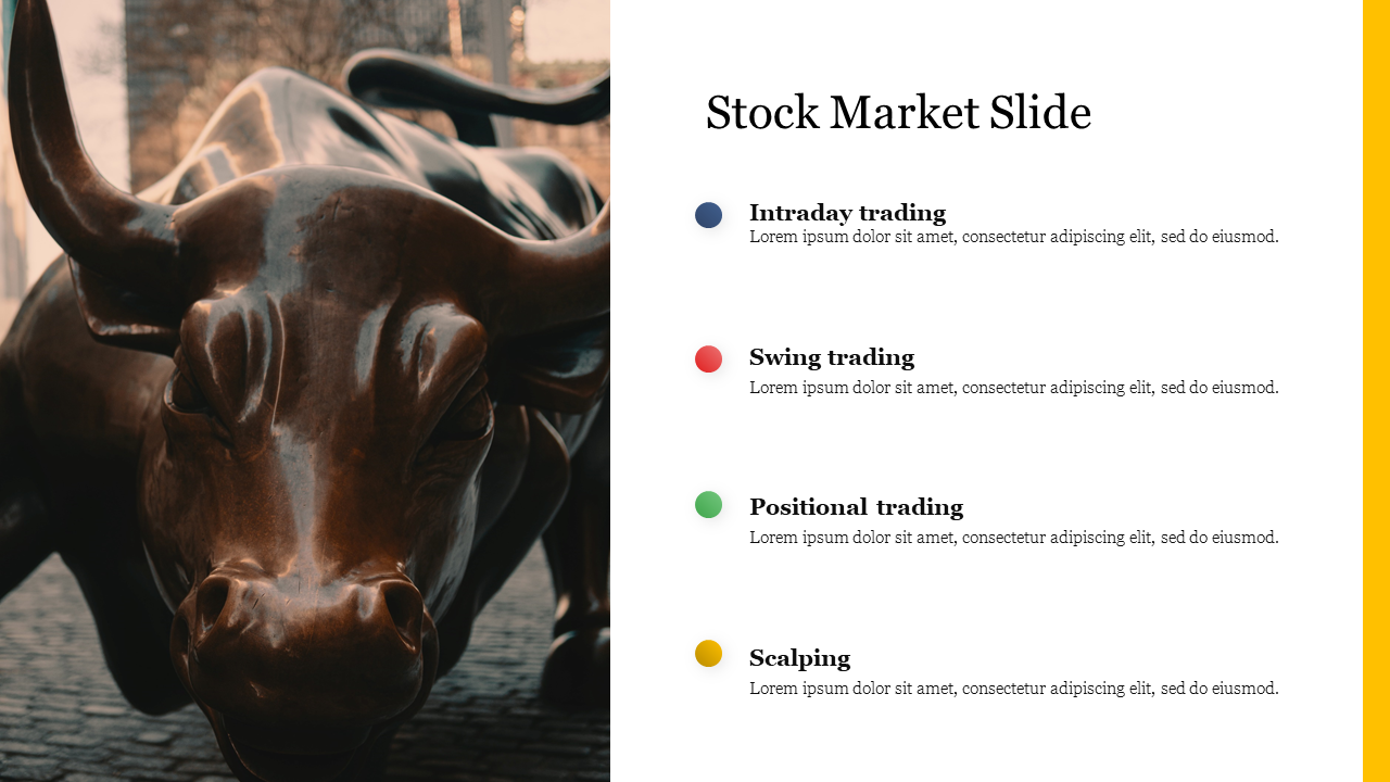 Bronze bull statue on the left with stock trading types listed in colored dots on a white background to the right.