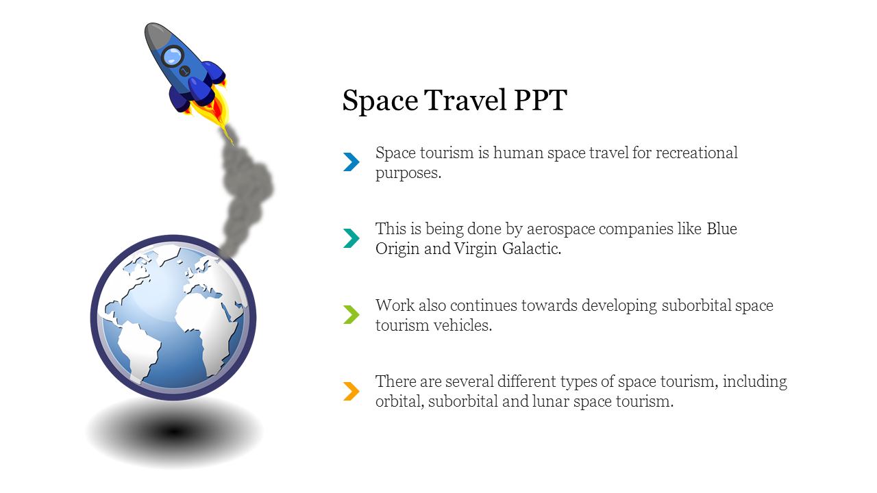 Slide on space travel, featuring a rocket and globe, highlighting companies like blue origin and virgin galactic.