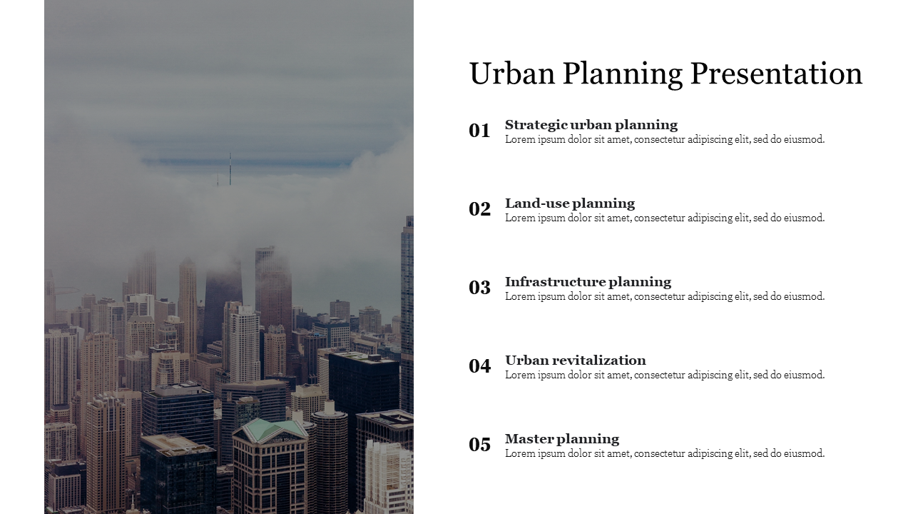 Slide showing foggy city skyline on left, with five urban planning topics listed on the right on a white background.