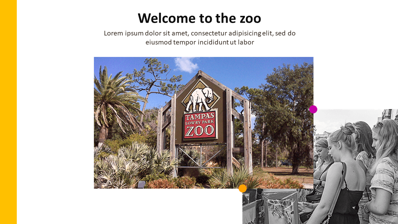 Zoo entrance sign surrounded by lush greenery and grayscale photo of visitors on the right side.