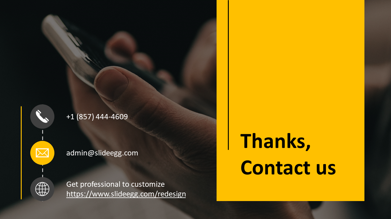 Contact us slide with phone, email, and website details on the left and a thank you message on a right yellow panel.