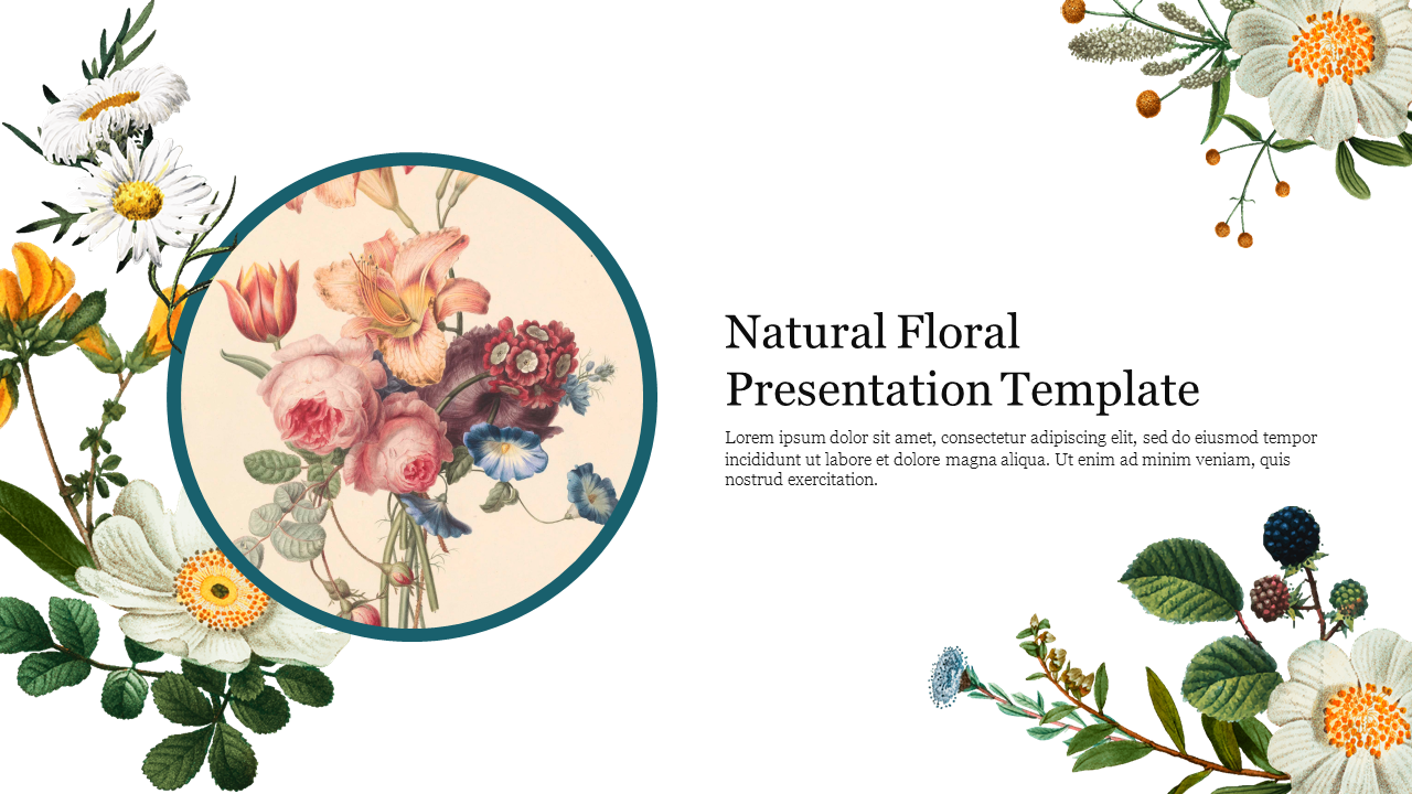 Floral themed PowerPoint template featuring a bouquet surrounding a central circular image on a white backdrop with text.