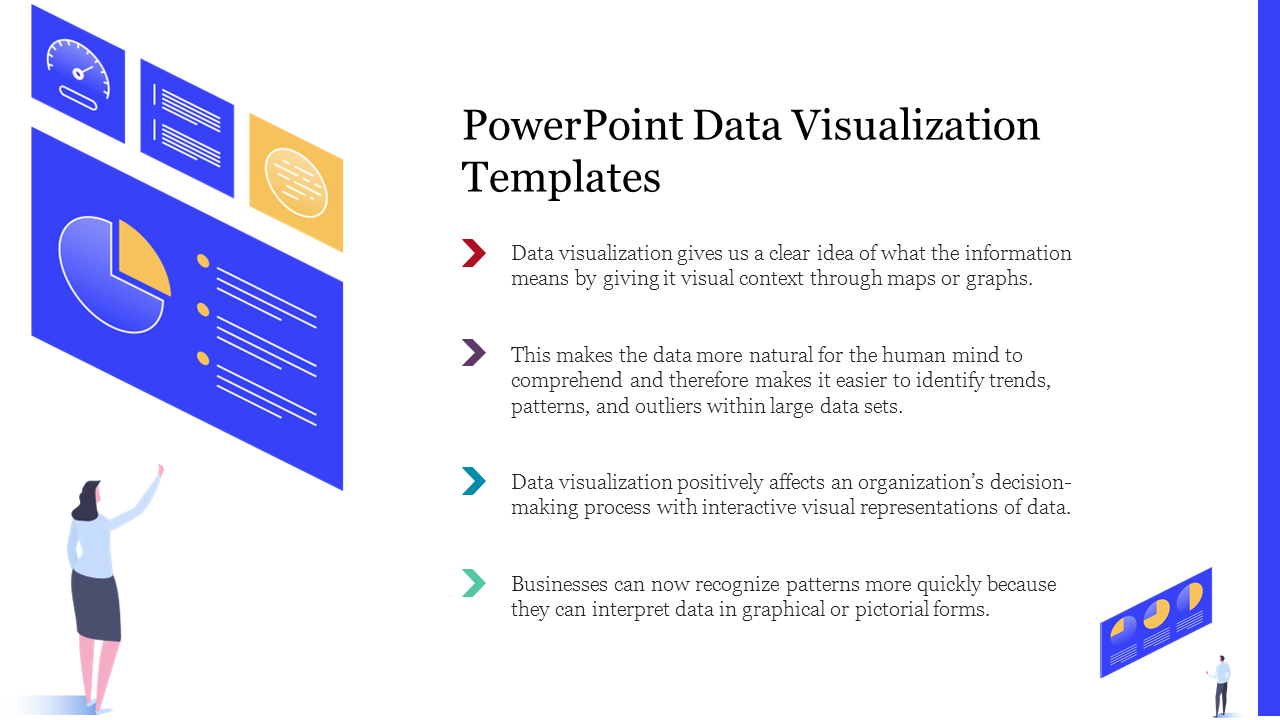 Illustration of women with large data visualizations on the left and placeholder text explaining the benefits.