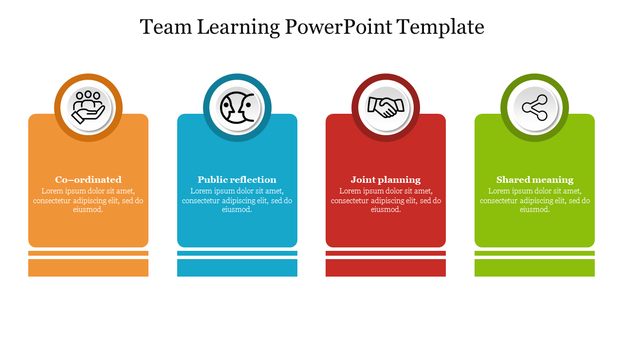 Team learning slide with four colorful sections in orange, blue, red, and green, each featuring circular icon and text.