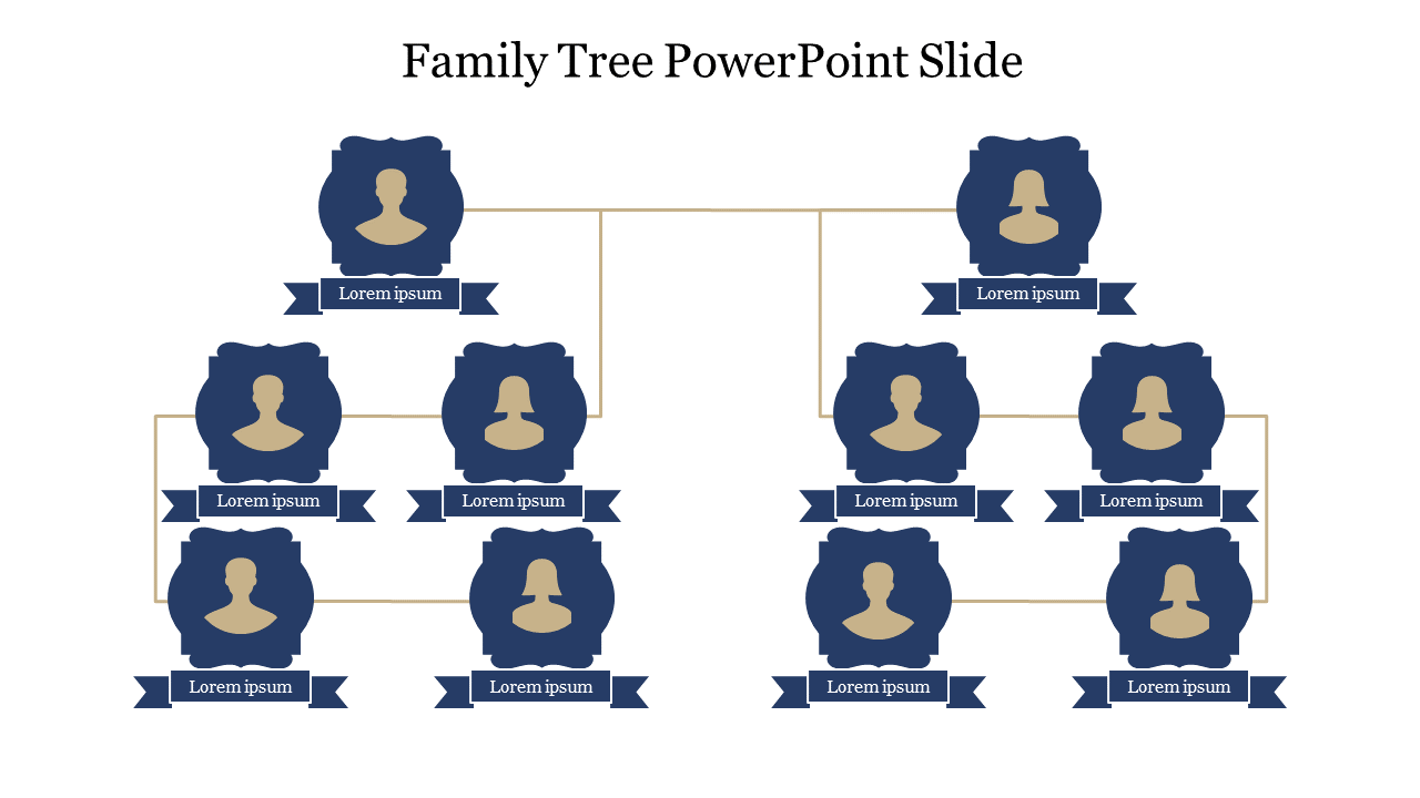 Blue themed family tree PowerPoint slide showing multiple generations with labels for each member on a white backdrop.