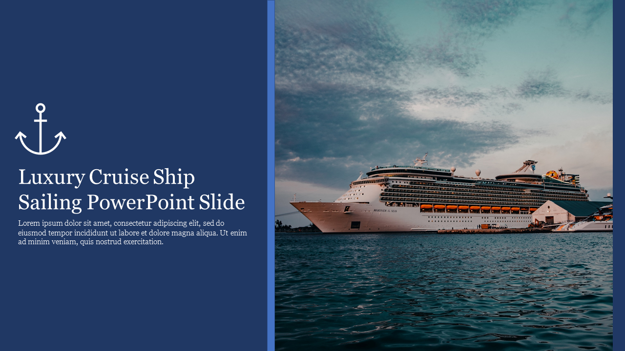 Cruise ship sailing on calm waters under a cloudy sky, with a blue sidebar on the left with text and an anchor icon.