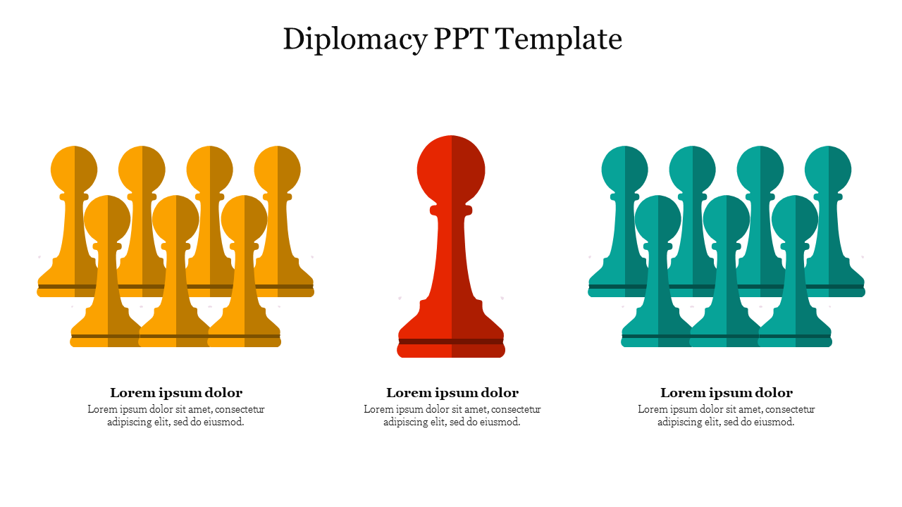 Slide featuring a diplomacy template with colorful chess pieces in yellow, red, and teal with placeholder text.