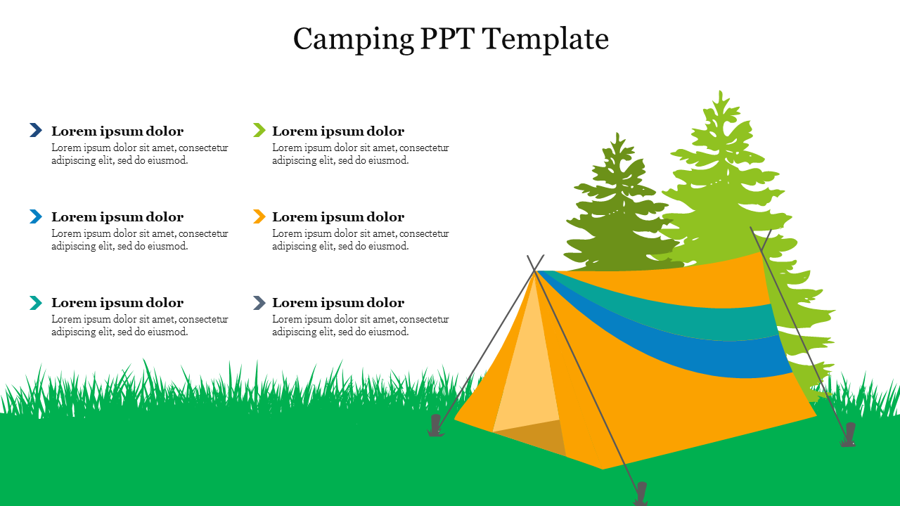 Yellow tent with blue accents in a grassy area with trees, surrounded by six text sections on the left.