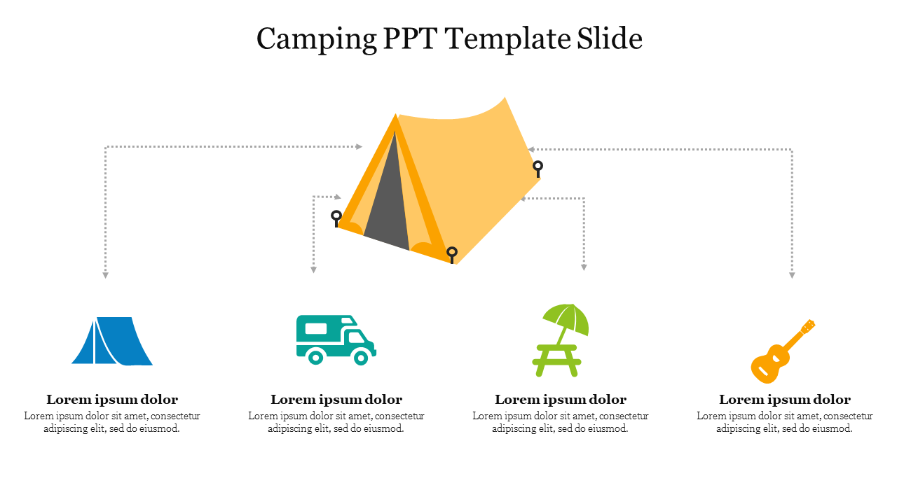 Camping themed PowerPoint slide featuring icons of a tent, RV, picnic area, and guitar, with space for text descriptions.