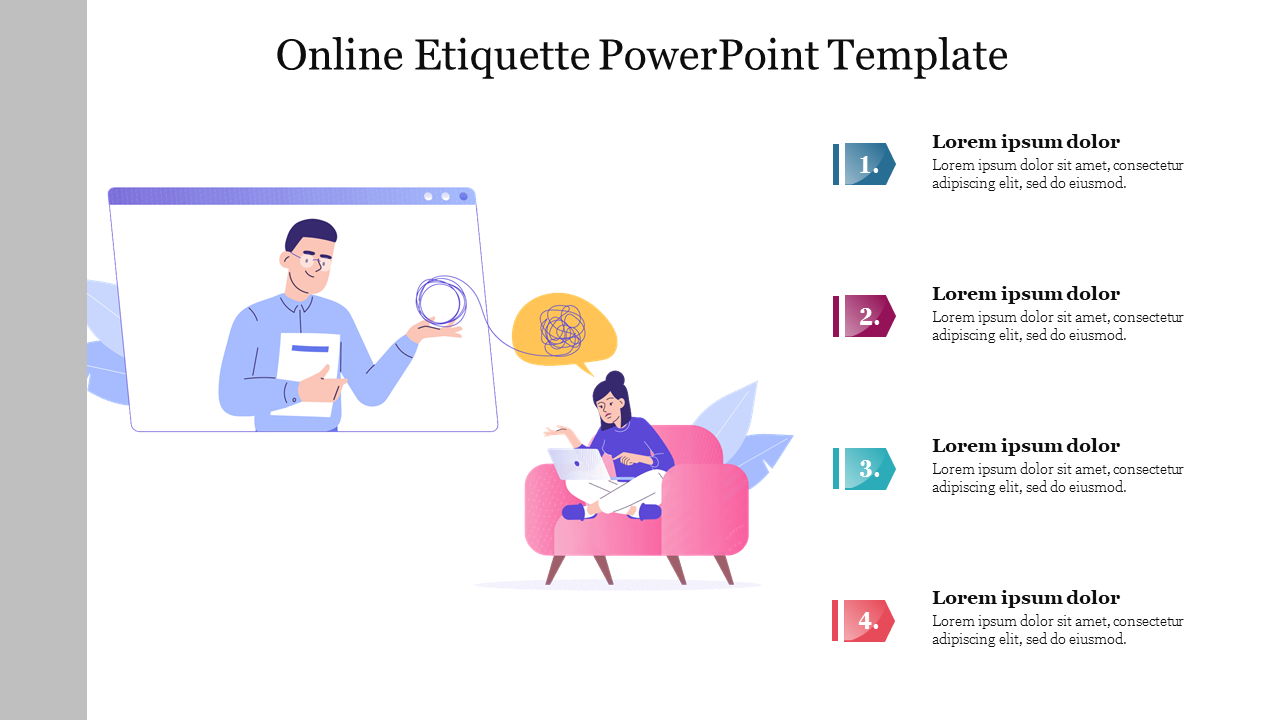 Illustration of a man presenting on a screen and a woman working on a laptop, alongside a numbered list of points.