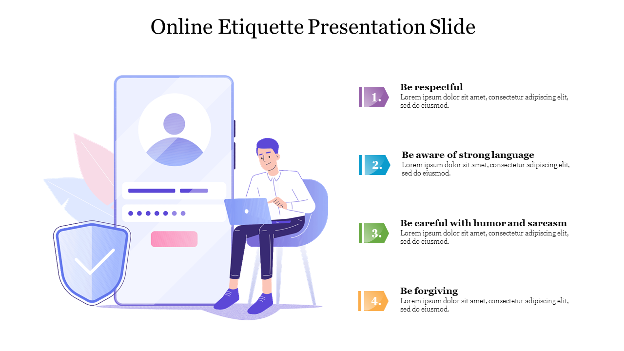 Illustration of a person using a laptop next to a phone screen, with four online etiquette tips listed.