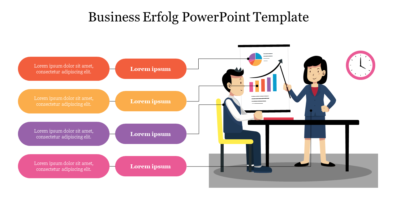 Slide with colorful text boxes in orange, yellow, purple, and pink, beside an illustration of two people presenting a graph.