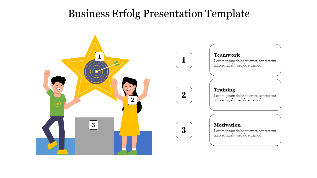 Two illustrated figures holding a yellow star above a podium, paired with three numbered captions on the right.