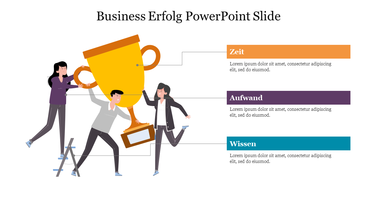 Business Erfolg slide featuring an illustration of people celebrating with a trophy and three placeholder text boxes.