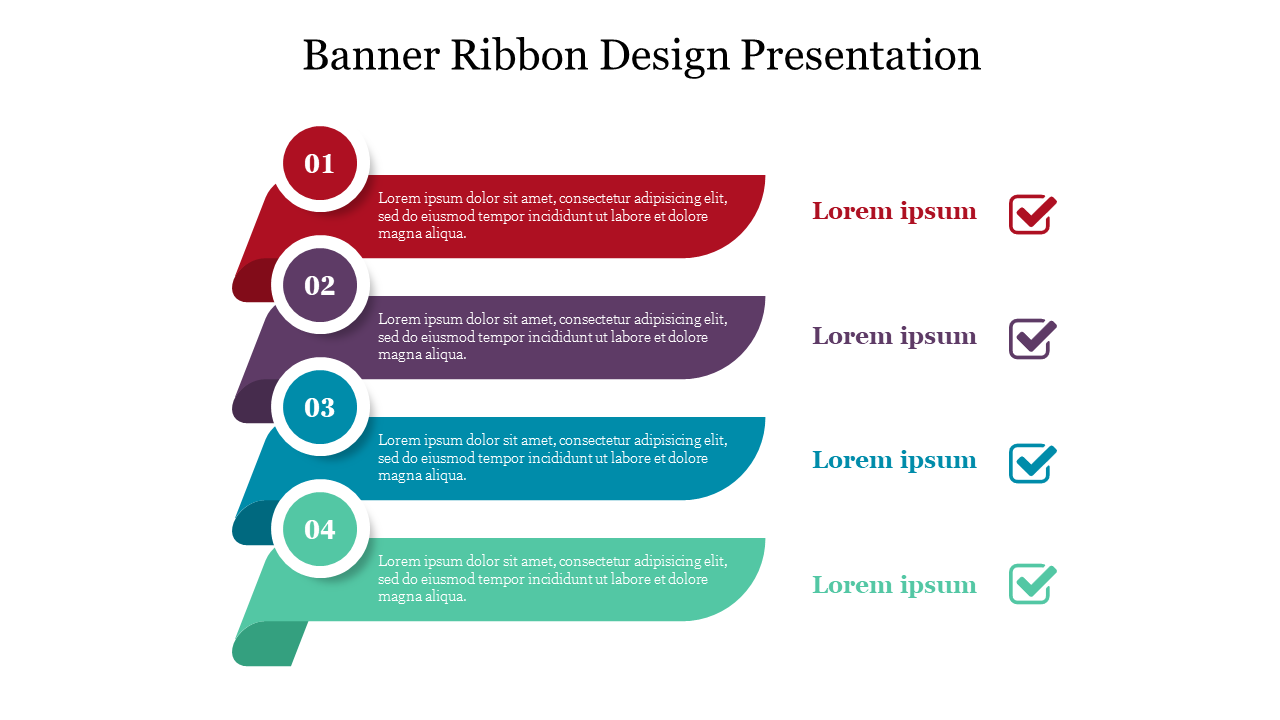 Vertical layout of ribbon banners with rounded icons, featuring four sections with placeholder text areas.