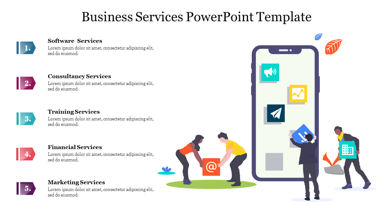 Business services slide with a phone displaying icons for software, consultancy, training, financial, and marketing services.